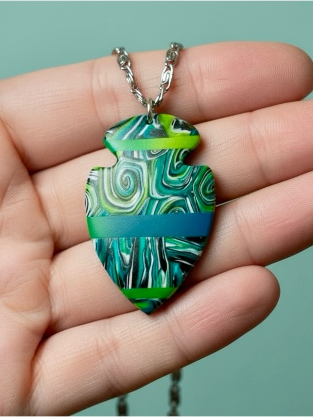 Blue & Green Abstract Arrowhead Handmade Polymer Clay Large Pendant Necklace